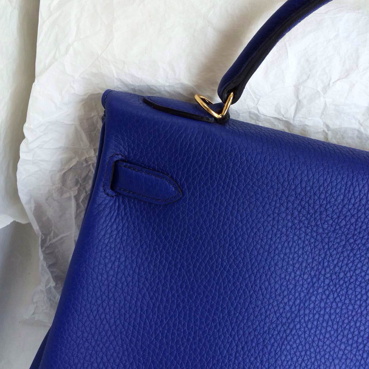 7T Blue Electric France Togo Calf Leather Kelly Bag Retourne 32cm