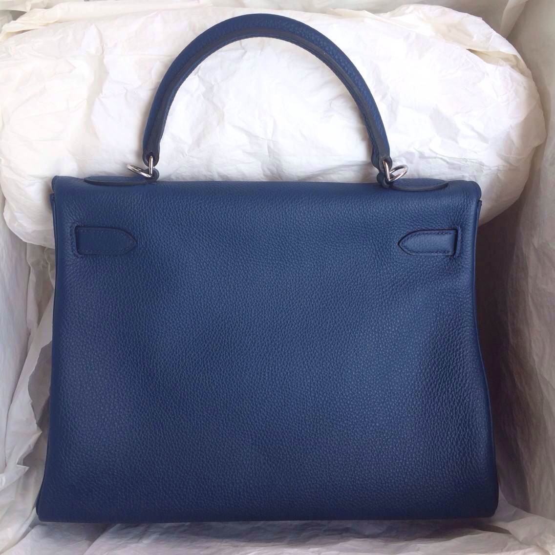 7K Blue Saphir France Togo Leather Hermes Kelly Bag 32cm Retourne