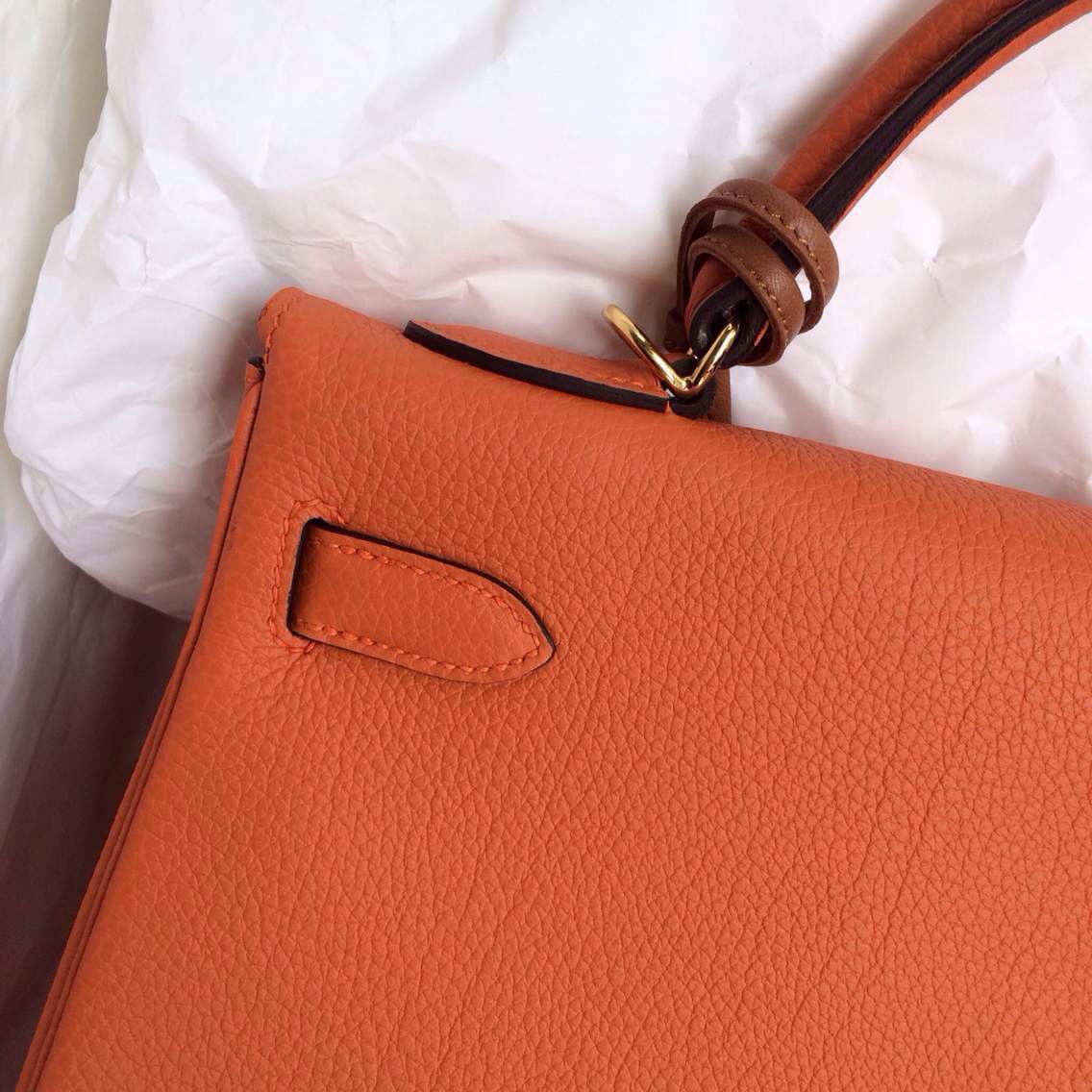 Hand Stitching 93 Classic Orange Color Togo Leather Kelly Bag 32cm