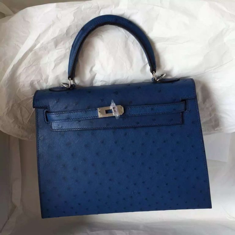 Hermes Sellier Kelly  25CM in 7L Prussian Blue Ostrich Leather Womens Handbag