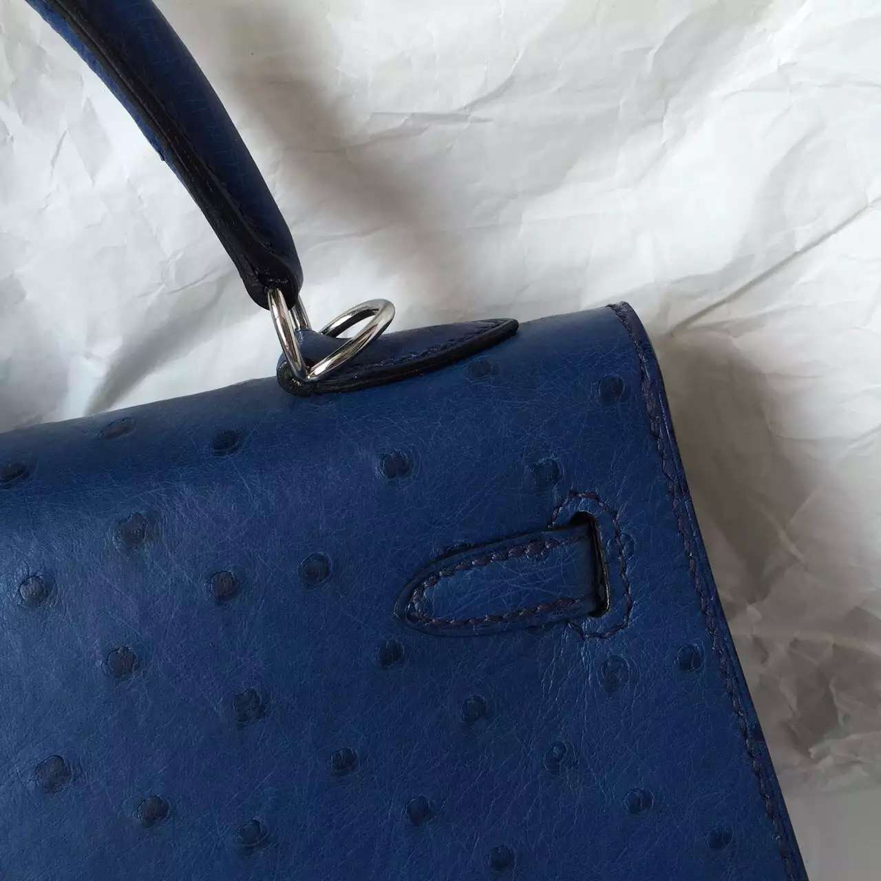 Hermes Sellier Kelly 25CM in 7L Prussian Blue Ostrich Leather Women&#8217;s Handbag