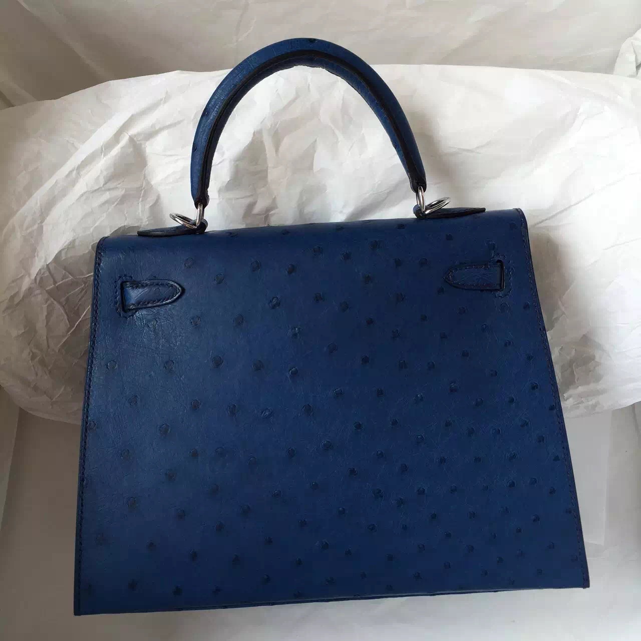 Hermes Sellier Kelly 25CM in 7L Prussian Blue Ostrich Leather Women&#8217;s Handbag