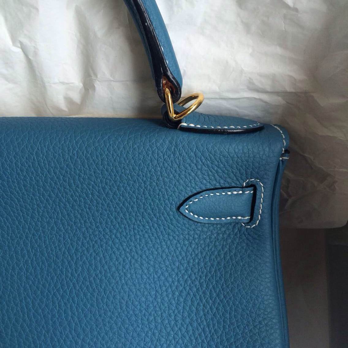 Hand Stitching Kelly Bag Retourne 73 Blue Jean France Togo Leather Gold Hardware