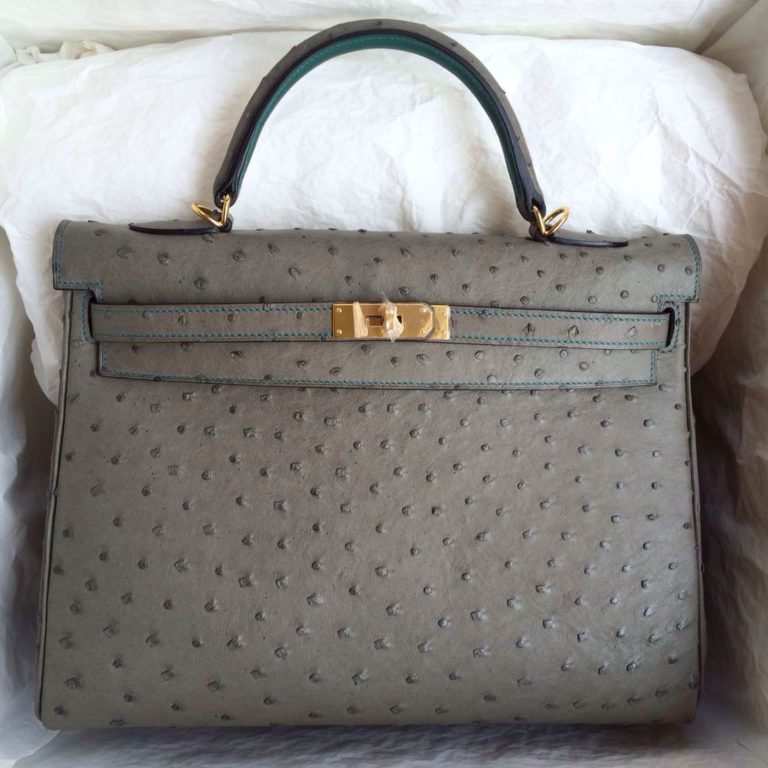 Vogue Hermes Kelly Bag Sellier 8F Etain Grey/inner Z6 Malachite Ostrich Leather