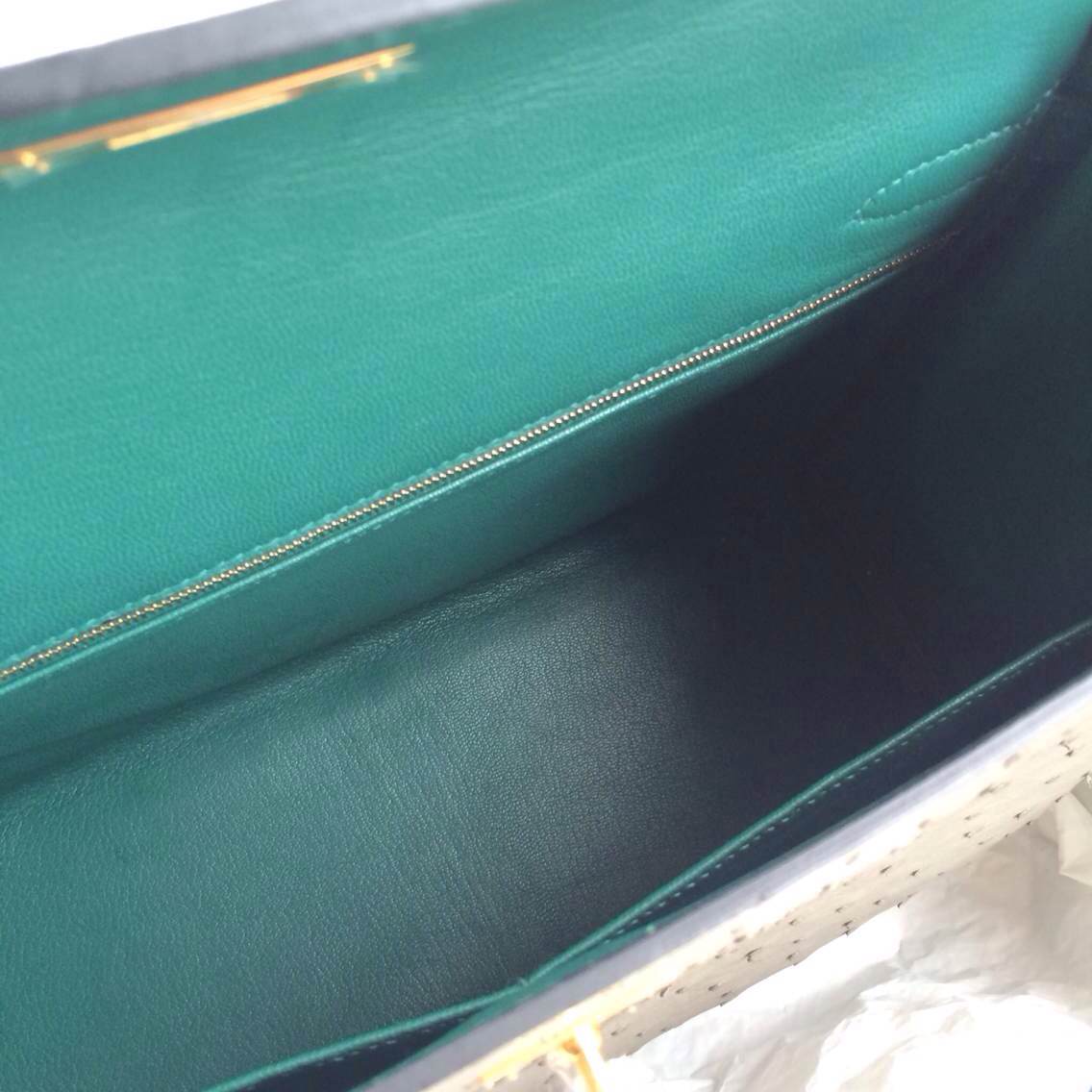 Vogue Hermes Kelly Bag Sellier 8F Etain Grey/inner Z6 Malachite Ostrich Leather