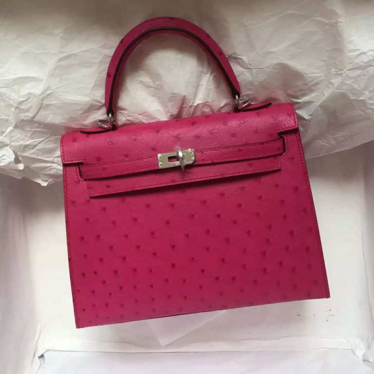 Hermes Ostrich Leather Sellier Kelly Bag  25CM in 5J Pink Silver Hardware