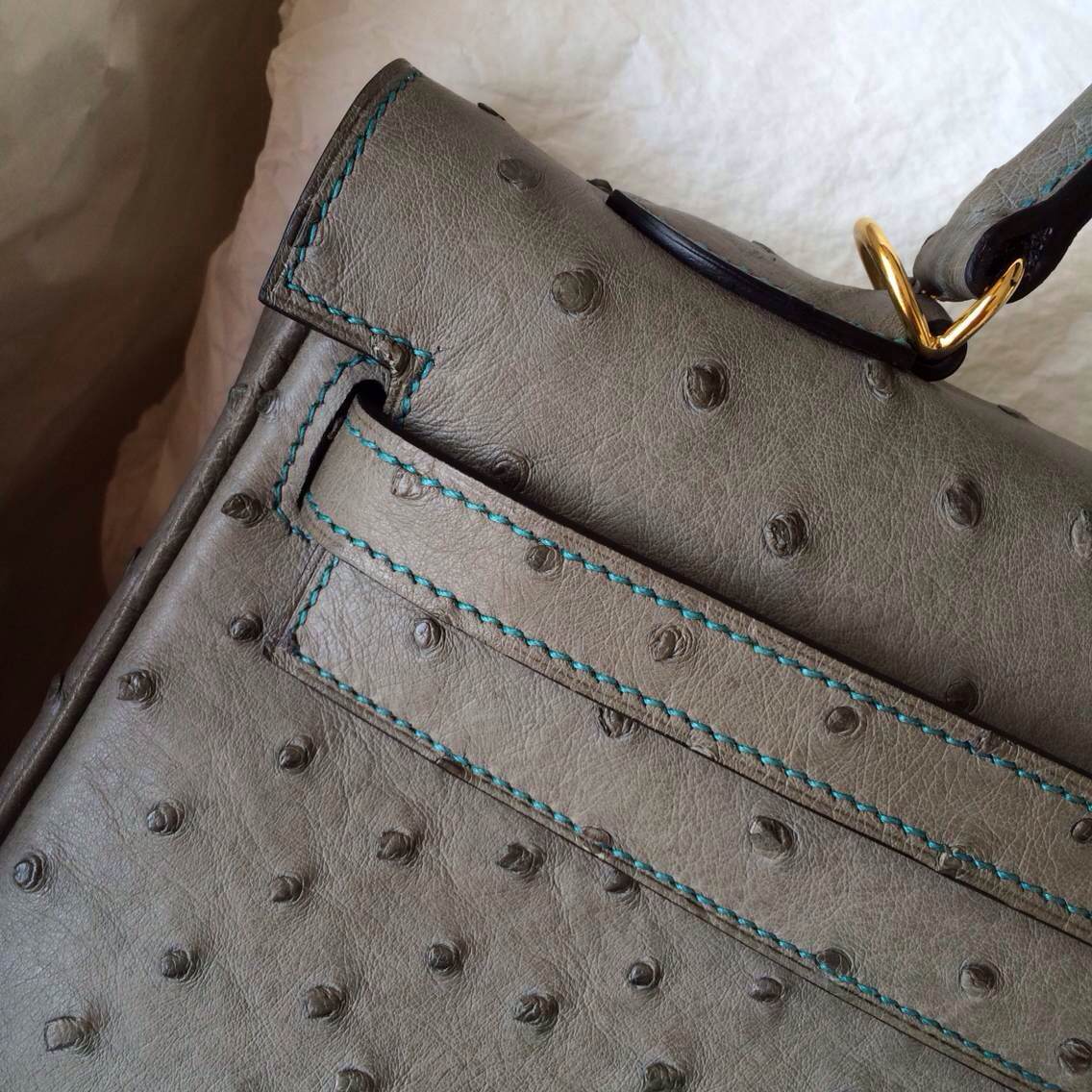 Vogue Hermes Kelly Bag Sellier 8F Etain Grey/inner Z6 Malachite Ostrich Leather