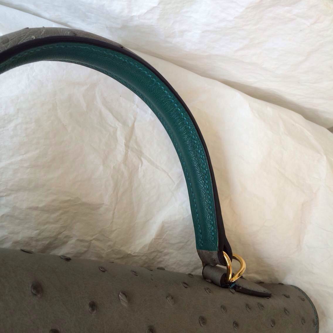 Vogue Hermes Kelly Bag Sellier 8F Etain Grey/inner Z6 Malachite Ostrich Leather