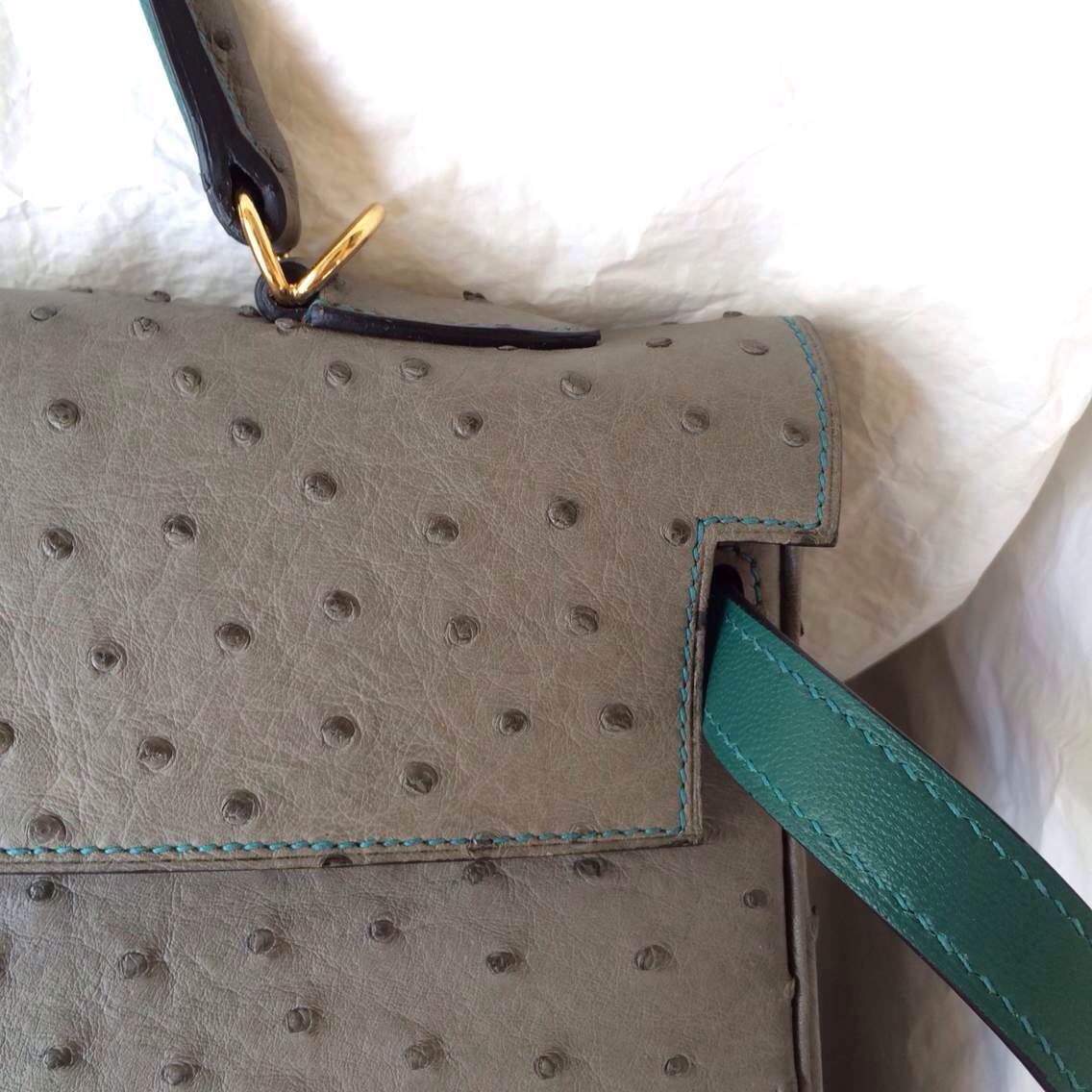 Vogue Hermes Kelly Bag Sellier 8F Etain Grey/inner Z6 Malachite Ostrich Leather