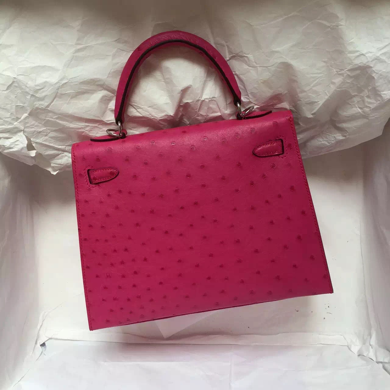 Cheap Hermes Ostrich Leather Sellier Kelly Bag 25CM in 5J Hot Pink Silver Hardware
