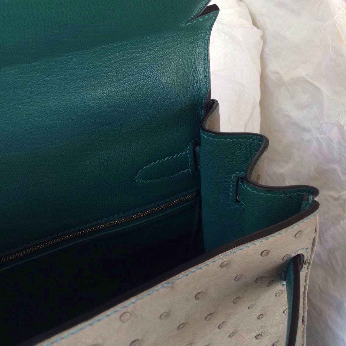 Vogue Hermes Kelly Bag Sellier 8F Etain Grey/inner Z6 Malachite Ostrich Leather