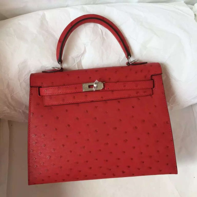 Q5 Chinese Red Ostrich Leather Hermes Kelly 25CM Bag Silver Hardware