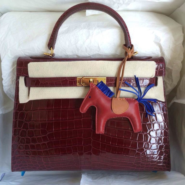 Hand Stitching Wine Red Crocodile Skin Hermes Kelly Bag 32cm Sellier