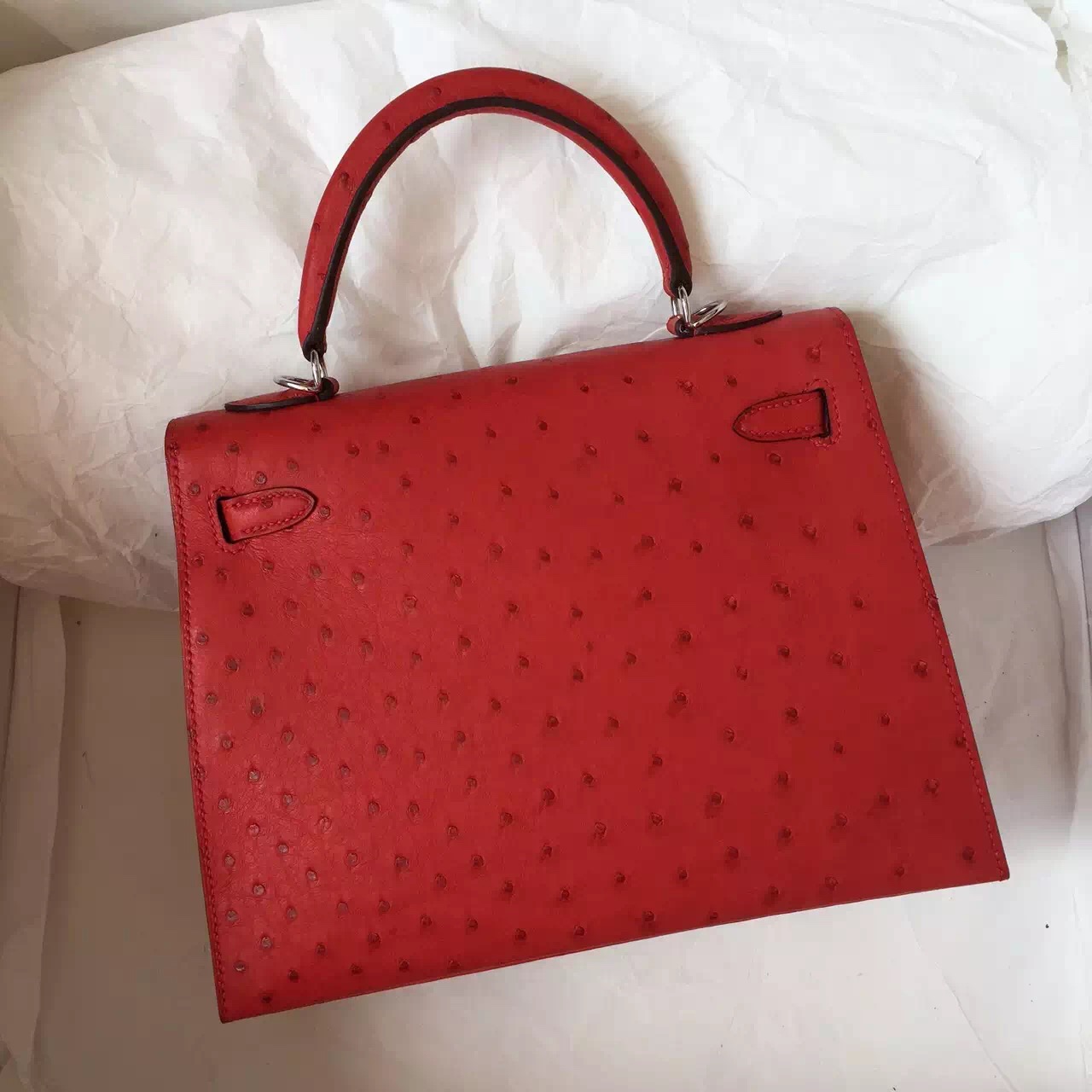 Discount Q5 Chinese Red Ostrich Leather Hermes Kelly25CM Bag Silver Hardware