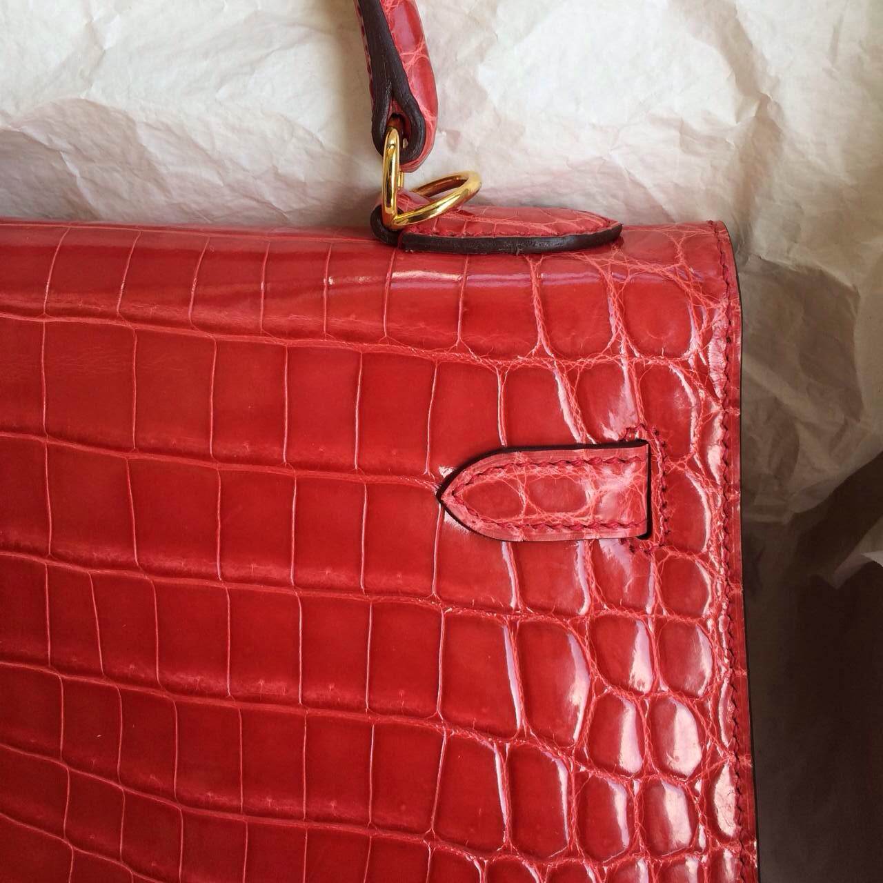 T5 Rose Jaipur Crocodile Skin Hermes Kelly Bag 32cm Sellier Gold Hardware