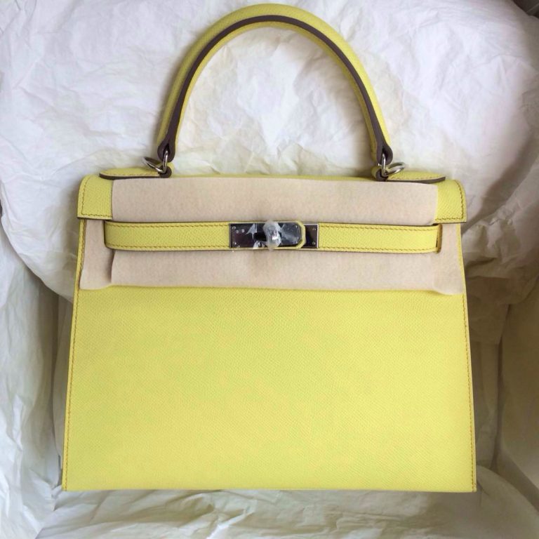 Hand Stitching Kelly Bag  28cm Sellier C9 Lime Yellow Epsom Leather Gold/Silver Hardware