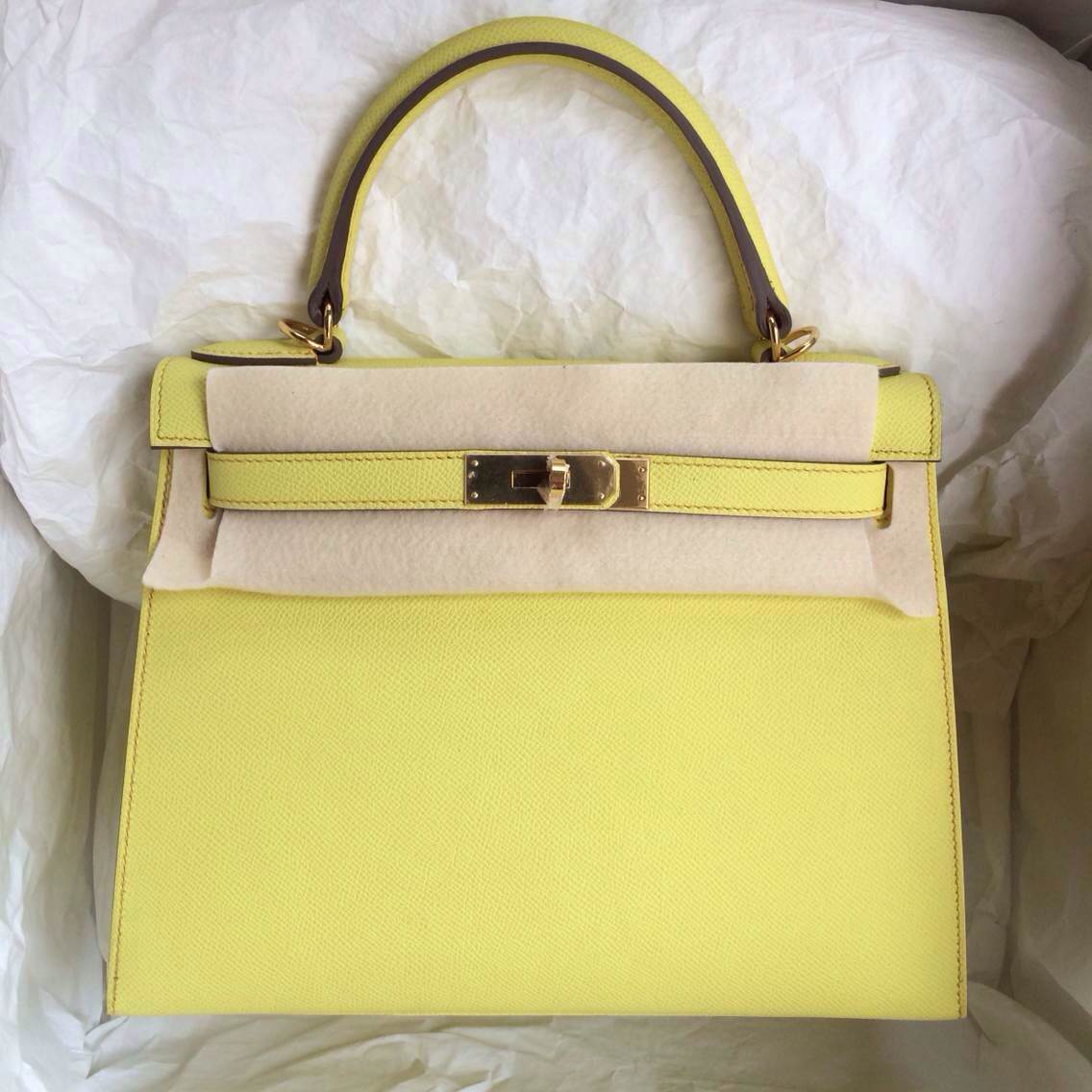 Hand Stitching Kelly Bag 28cm Sellier C9 Lime Yellow Epsom Leather Gold/Silver Hardware