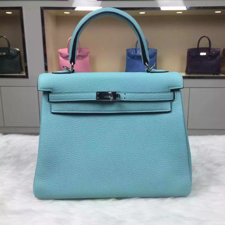 Womens Bag Hermes Retourne Kelly 25CM 3P Lagon Blue Original Togo Leather