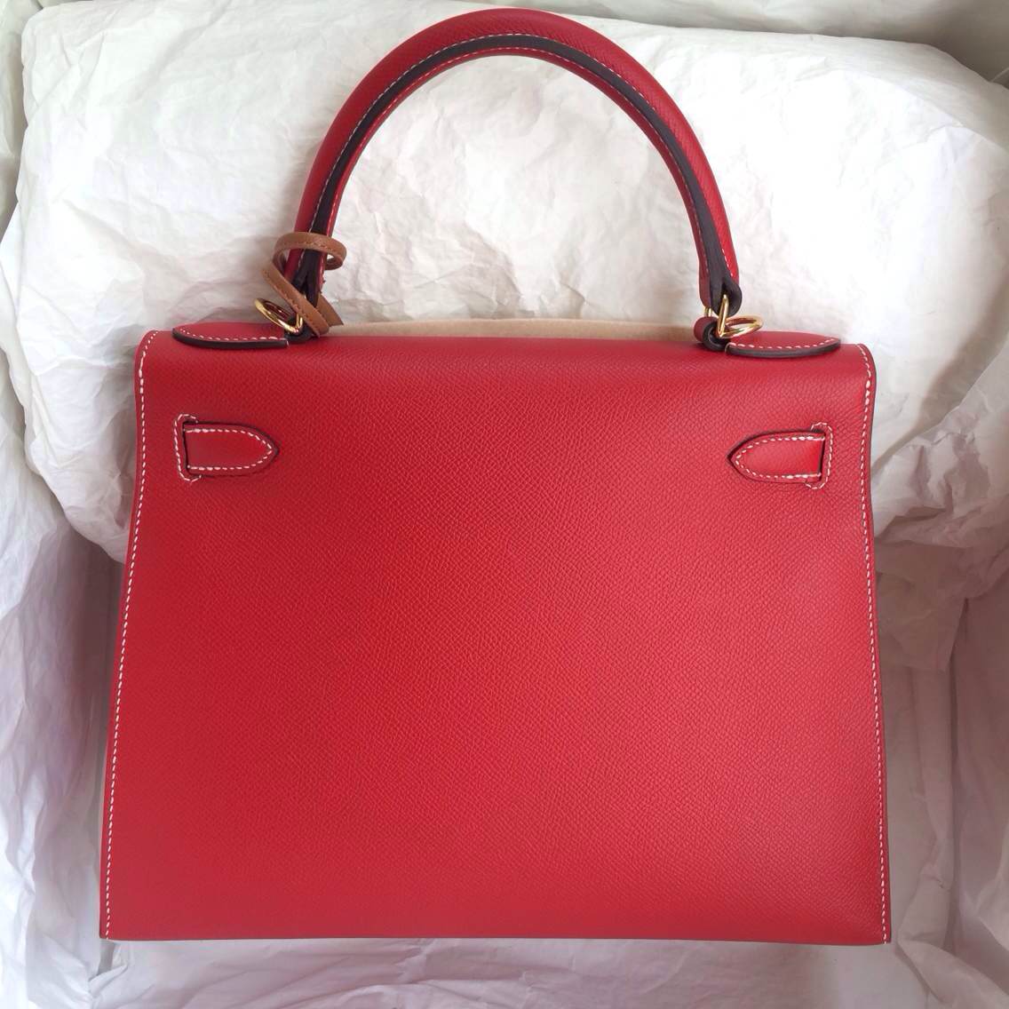 Fashion Hermes Kelly Bag 28cm Sellier France Epsom Leather Q5 Candy Red/inner Blue Jean