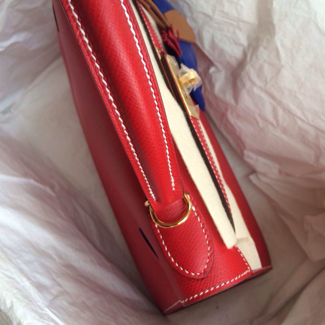 Fashion Hermes Kelly Bag 28cm Sellier France Epsom Leather Q5 Candy Red/inner Blue Jean