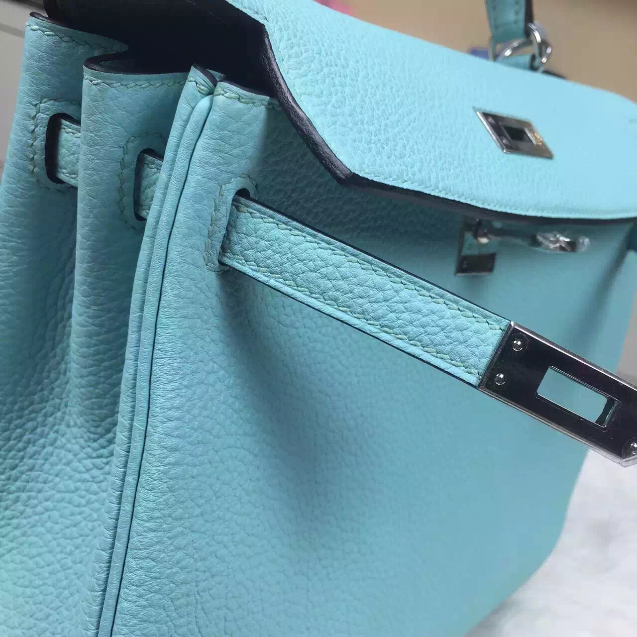 New Fashion Women&#8217;s Bag Hermes Retourne Kelly25CM 3P Lagon Blue Original Togo Leather