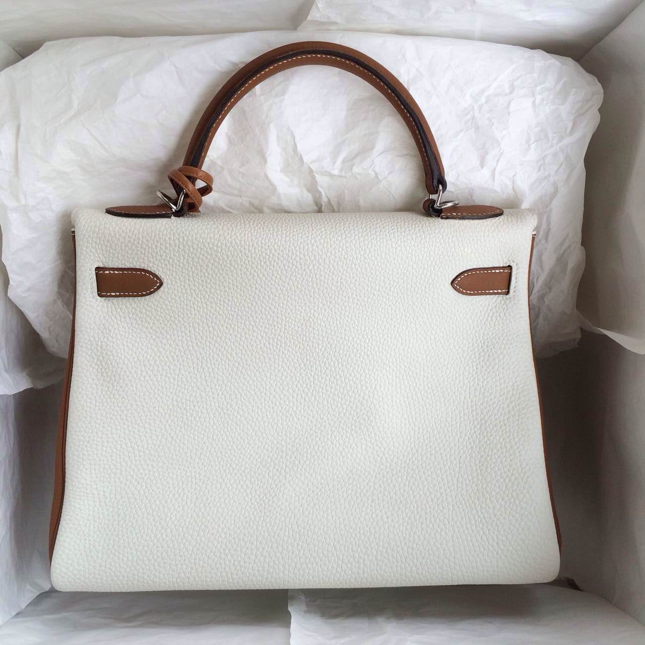Cheap Hermes Kelly Bag 32cm Retourne in White/Tan Togo Leather Silver Hardware