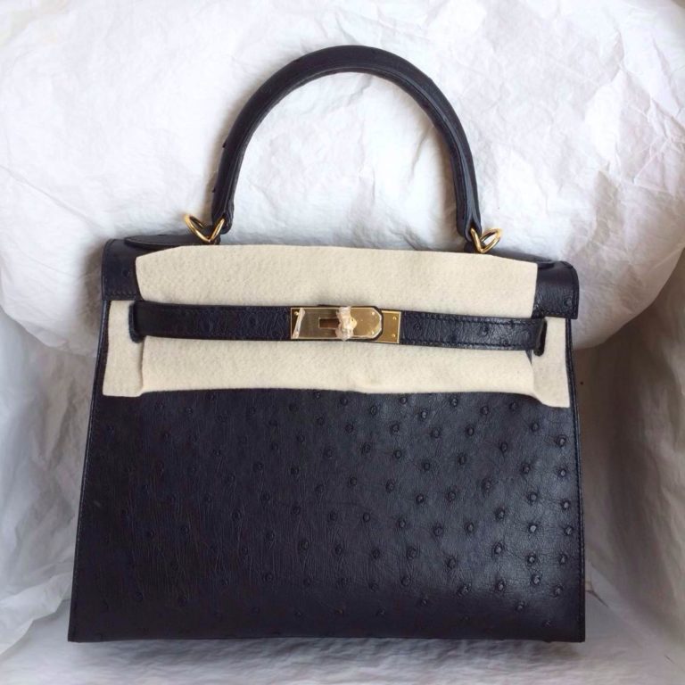 Hand Stitching Hermes Kelly Bag Sellier 89 Black Ostrich Leather Gold Hardware