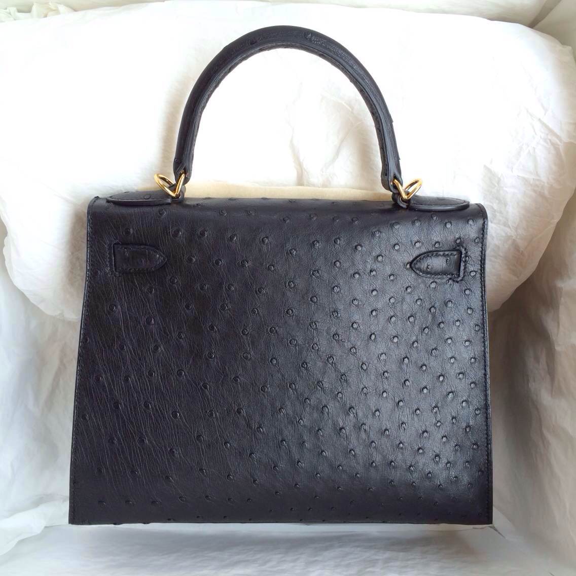 Hand Stitching Hermes Kelly Bag Sellier 89 Black Ostrich Leather Gold Hardware