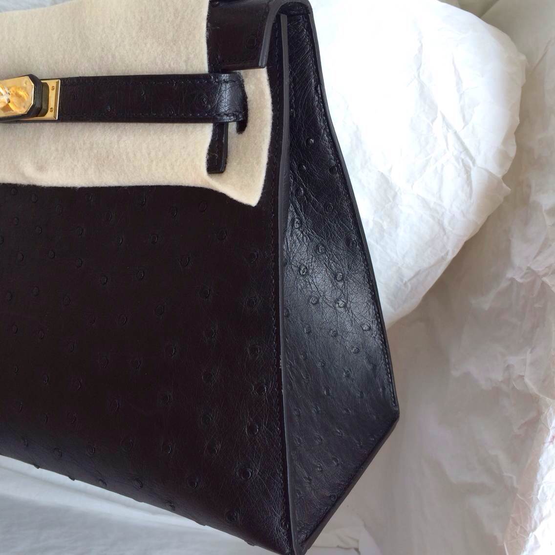 Hand Stitching Hermes Kelly Bag Sellier 89 Black Ostrich Leather Gold Hardware