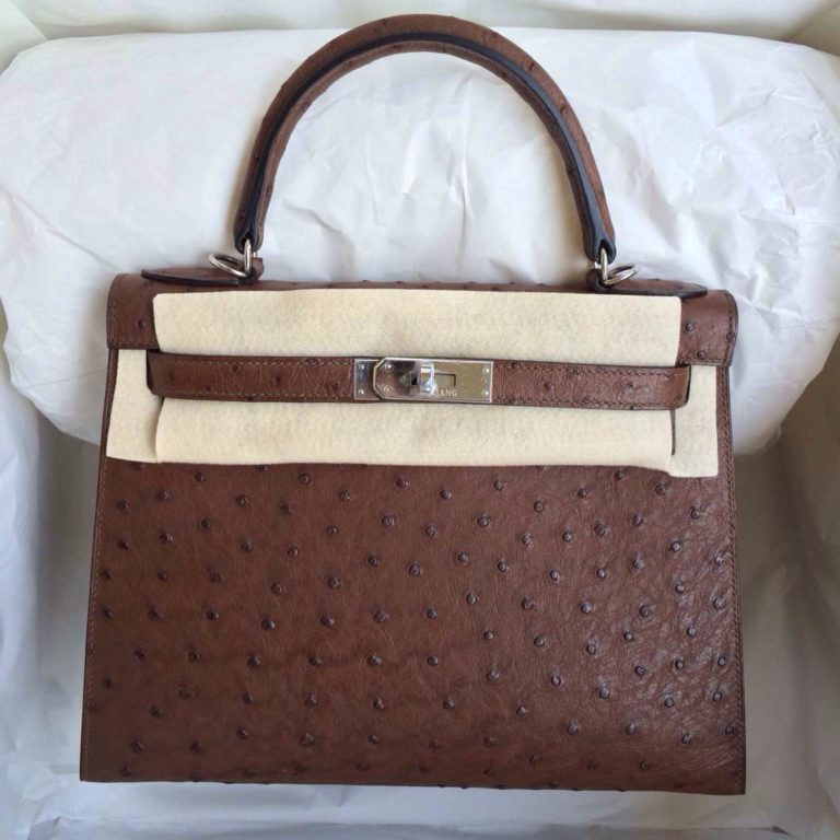 Coffee Color Ostrich Leather Hand Stitching Kelly Bags Wholesale