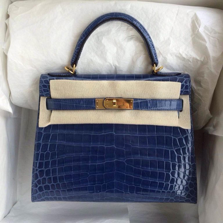 Hermes Kelly Bag Sellier Blue Crocodile Skin Gold Hardware
