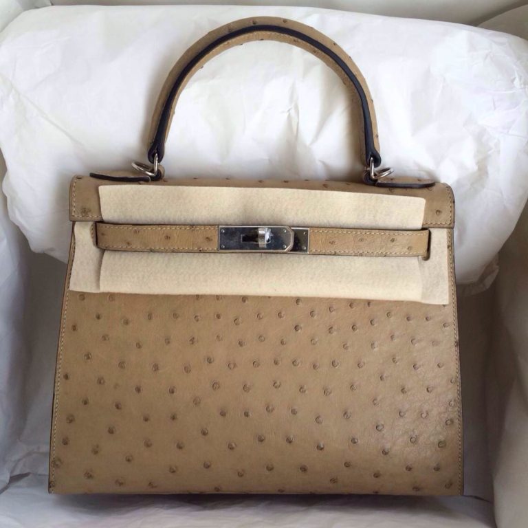 Apricot Color Ostrich Leather Hermes Kelly Bag  28cm Sellier