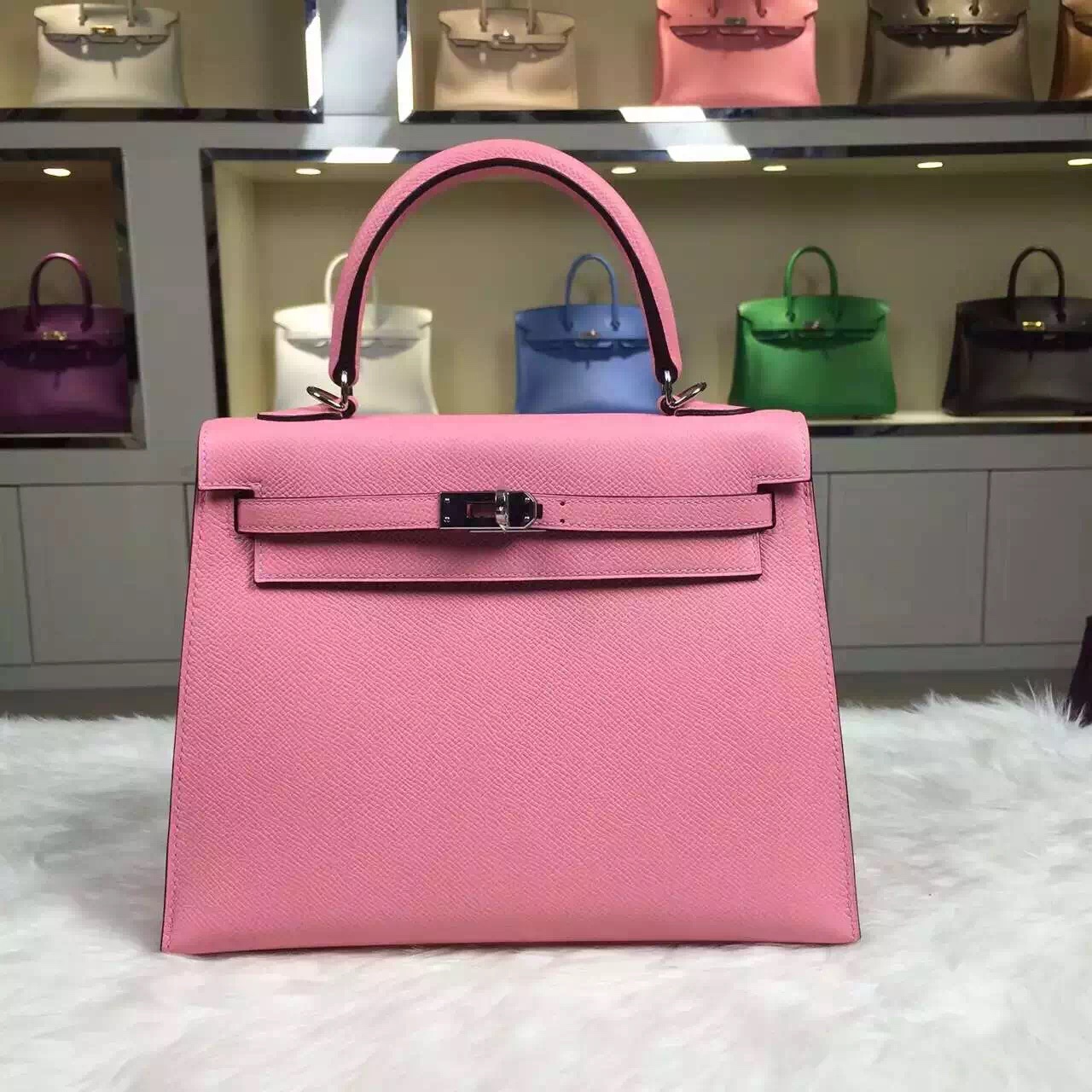 High Quality Hermes Epsom Leather Kelly Bag 25CM in 1Q Rose Confetti