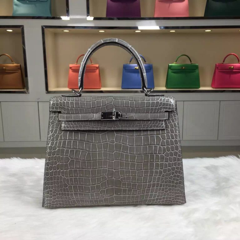 High Quality Hermes Etain Grey Crocodile Leather Kelly Bag  25CM Womens Handbag