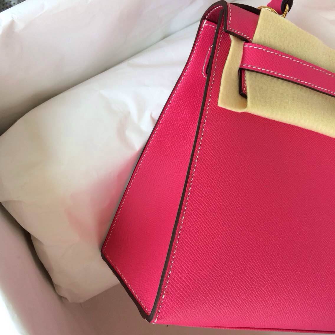 Hand Stitching E5 Rose Tyrien/Ruby inner Epsom Leather Kelly Bag Sellier