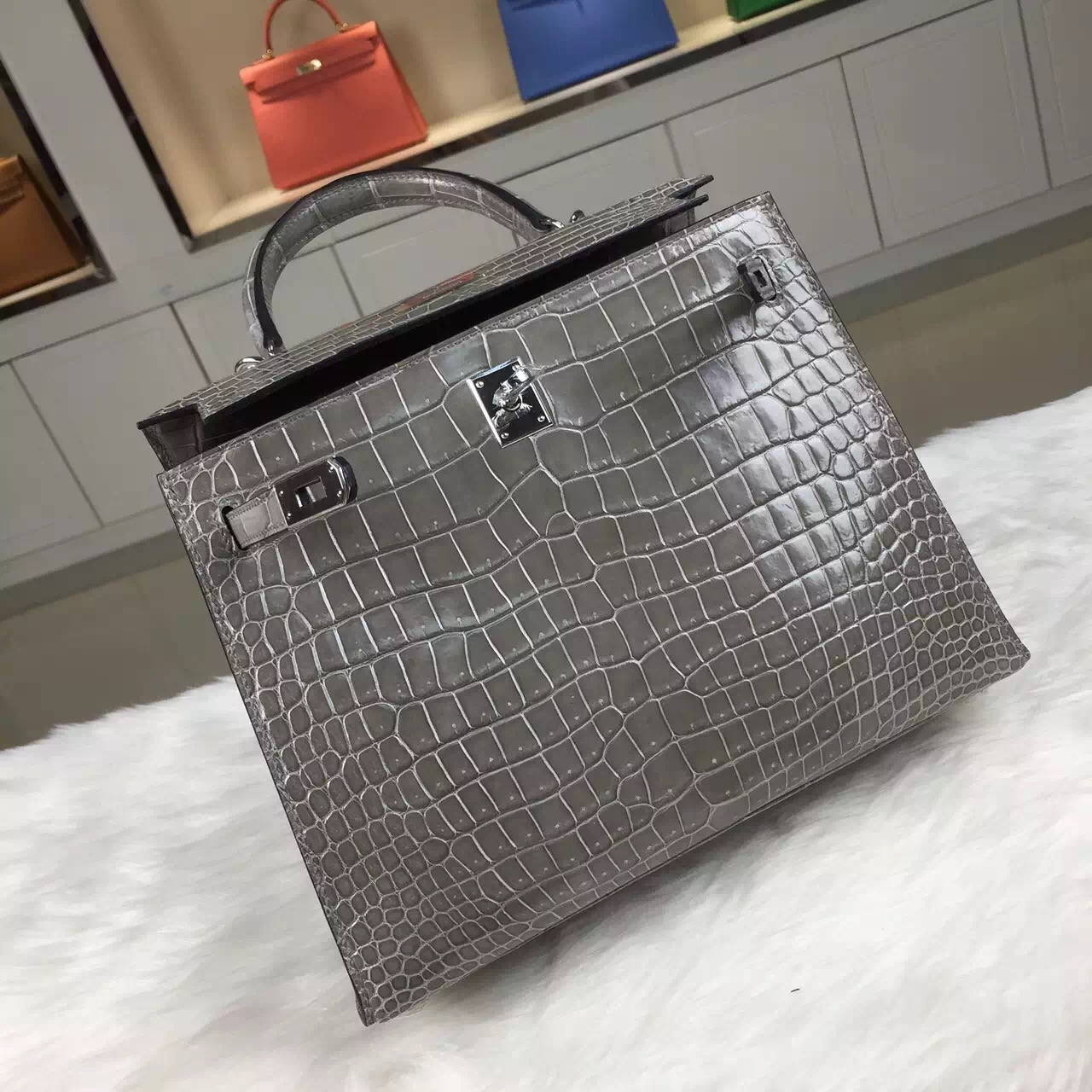High Quality Hermes Etain Grey Crocodile Leather Kelly Bag 25CM Women&#8217;s Handbag