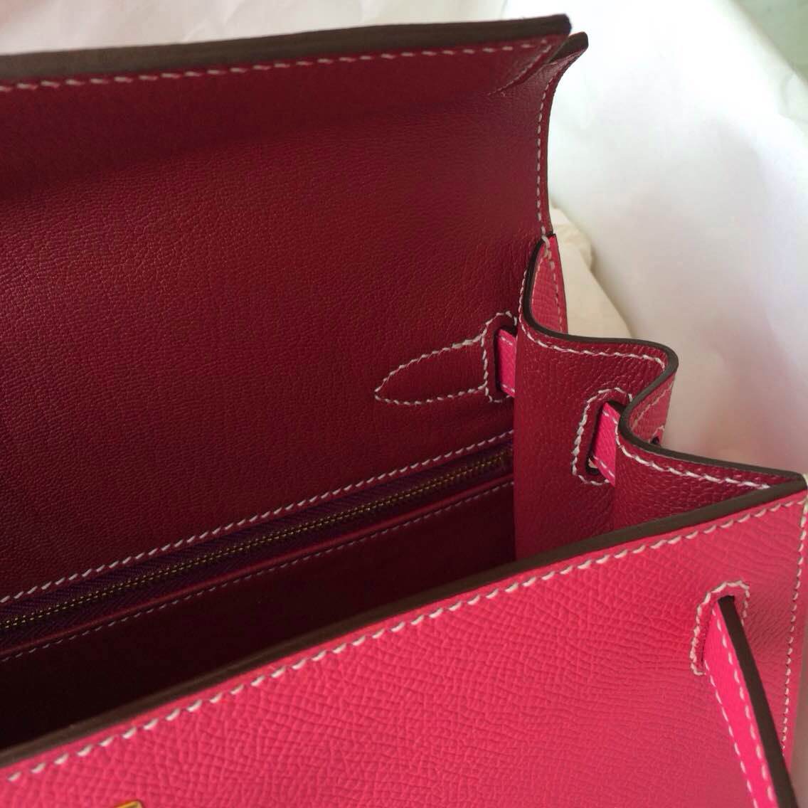Hand Stitching E5 Rose Tyrien/Ruby inner Epsom Leather Kelly Bag Sellier