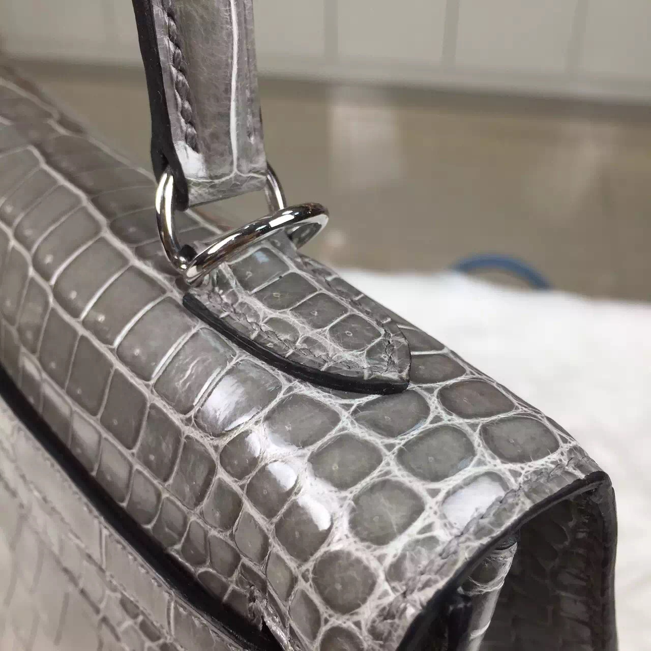 High Quality Hermes Etain Grey Crocodile Leather Kelly Bag 25CM Women&#8217;s Handbag