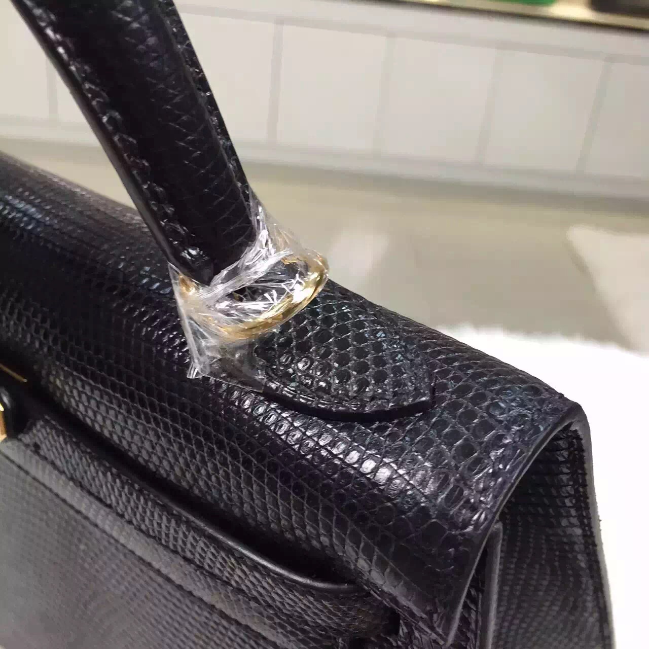 Hot Sale Hermes Black Lizard Skin Leather Kelly Bag25CM Fashion Women&#8217;s Tote Bag