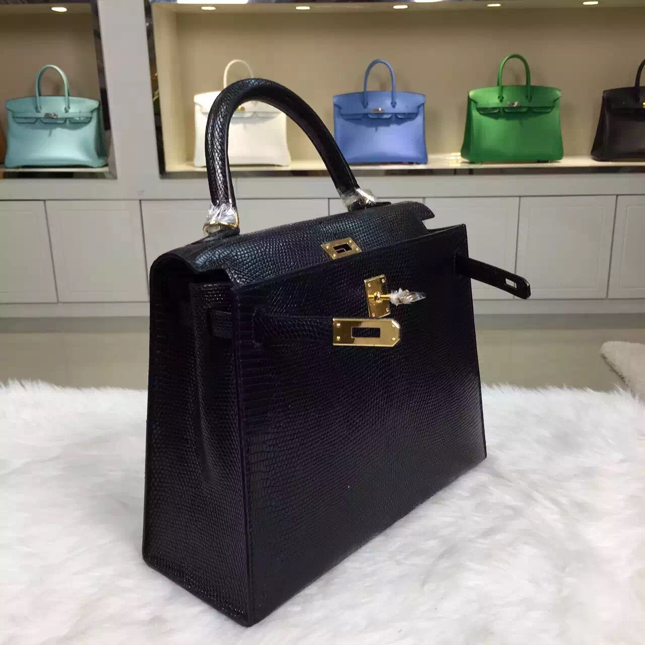 Hot Sale Hermes Black Lizard Skin Leather Kelly Bag25CM Fashion Women&#8217;s Tote Bag