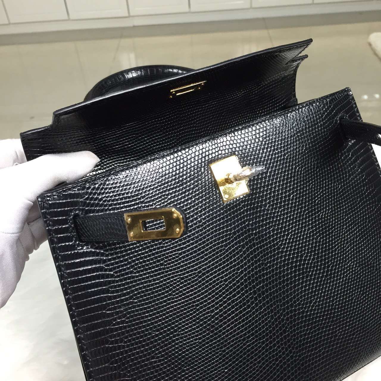 Hot Sale Hermes Black Lizard Skin Leather Kelly Bag25CM Fashion Women&#8217;s Tote Bag