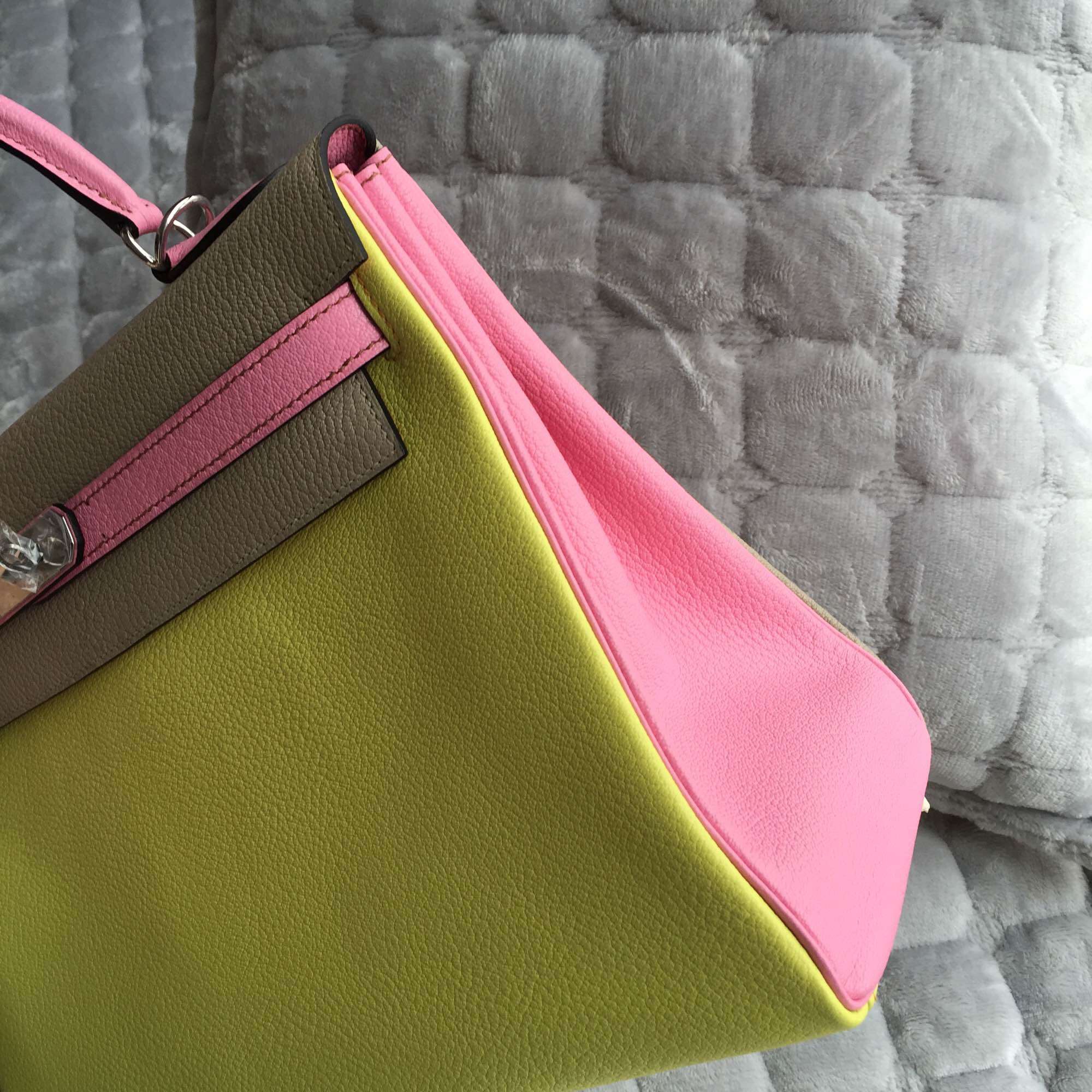 32CM Hermes Kelly Bag Retourne C9 Lime Yellow/5P Pink/1F Light Grey Chevre Leather