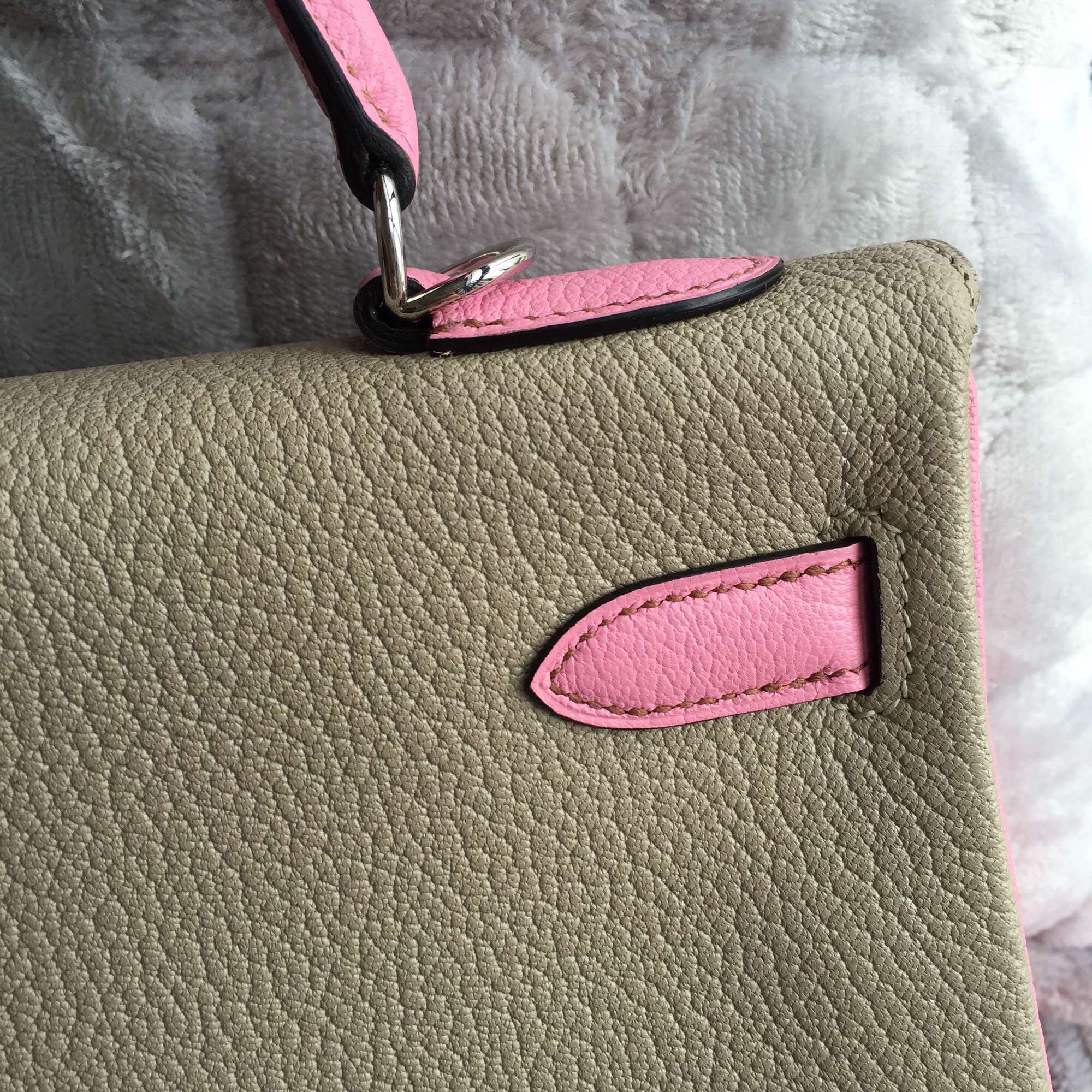 32CM Hermes Kelly Bag Retourne C9 Lime Yellow/5P Pink/1F Light Grey Chevre Leather