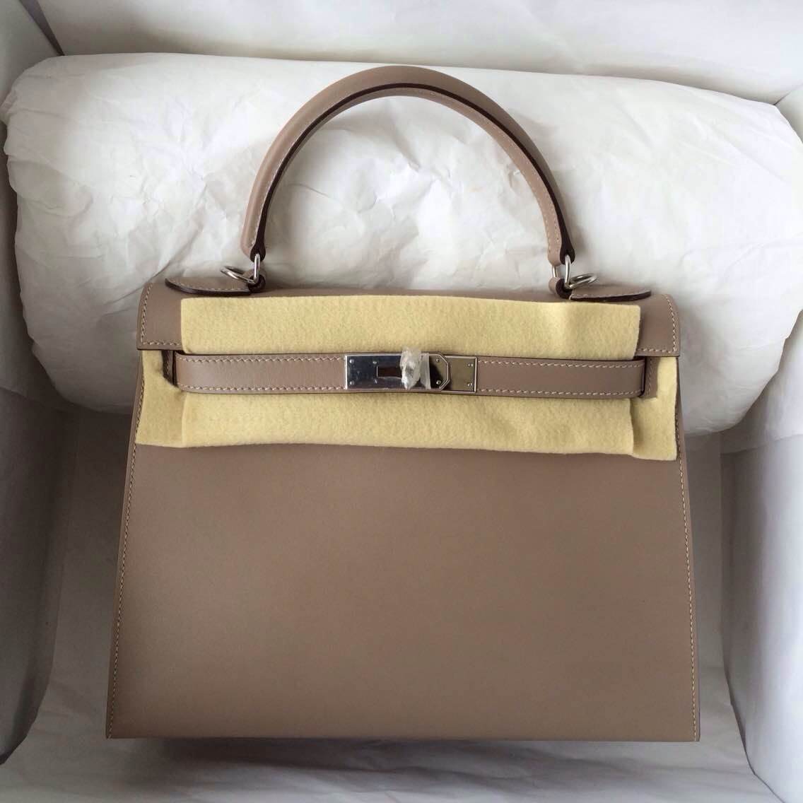 Hand Stiching Hermes Kelly Bag 28cm Sellier C18 Etoupe Grey Box Calf Leather