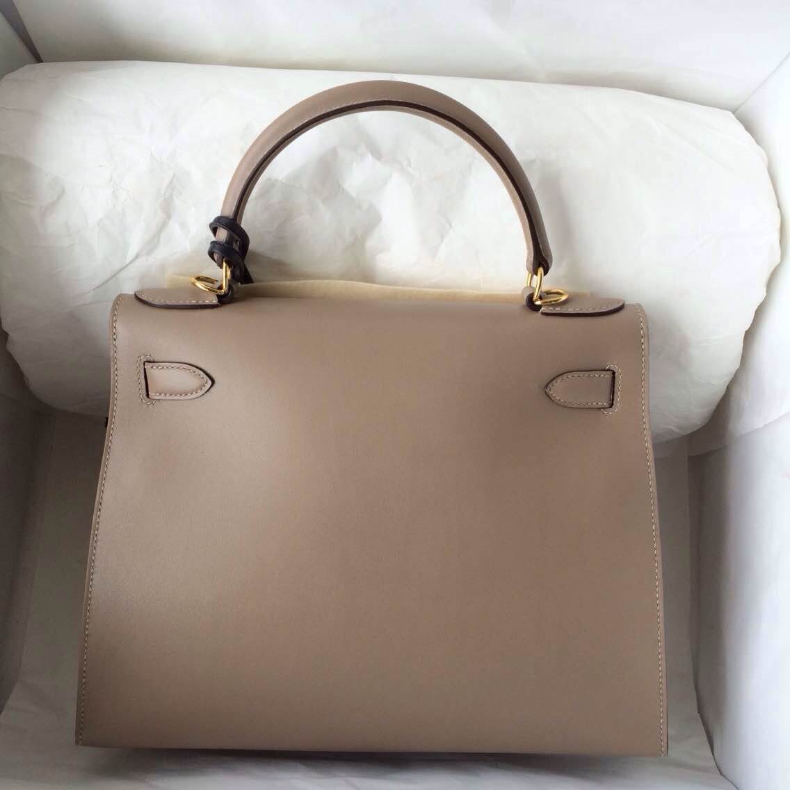Hand Stiching Hermes Kelly Bag 28cm Sellier C18 Etoupe Grey Box Calf Leather