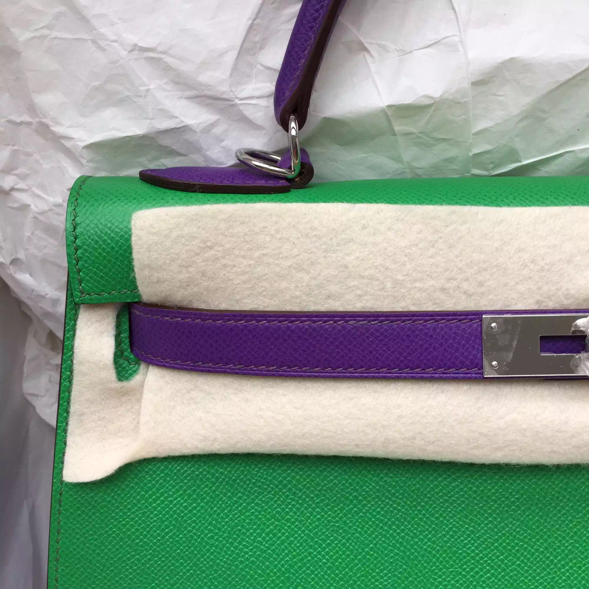 Hermes Kelly Bag Sellier 1K Bamboo Green/9W Ultraviolet Epsom Leather Women&#8217;s Tote Bag 32CM