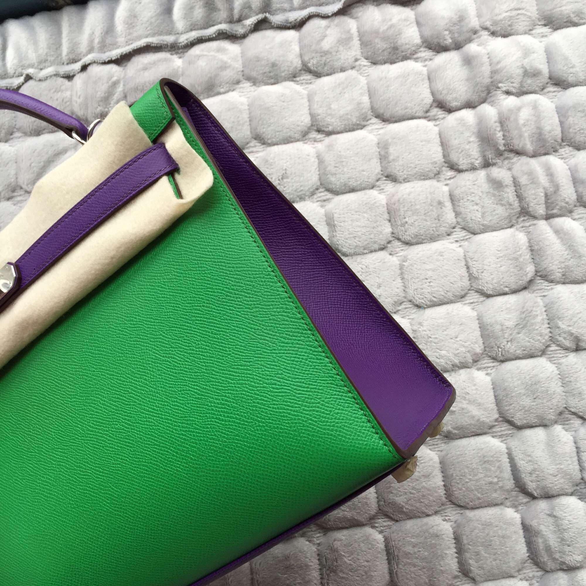 Hermes Kelly Bag Sellier 1K Bamboo Green/9W Ultraviolet Epsom Leather Women&#8217;s Tote Bag 32CM