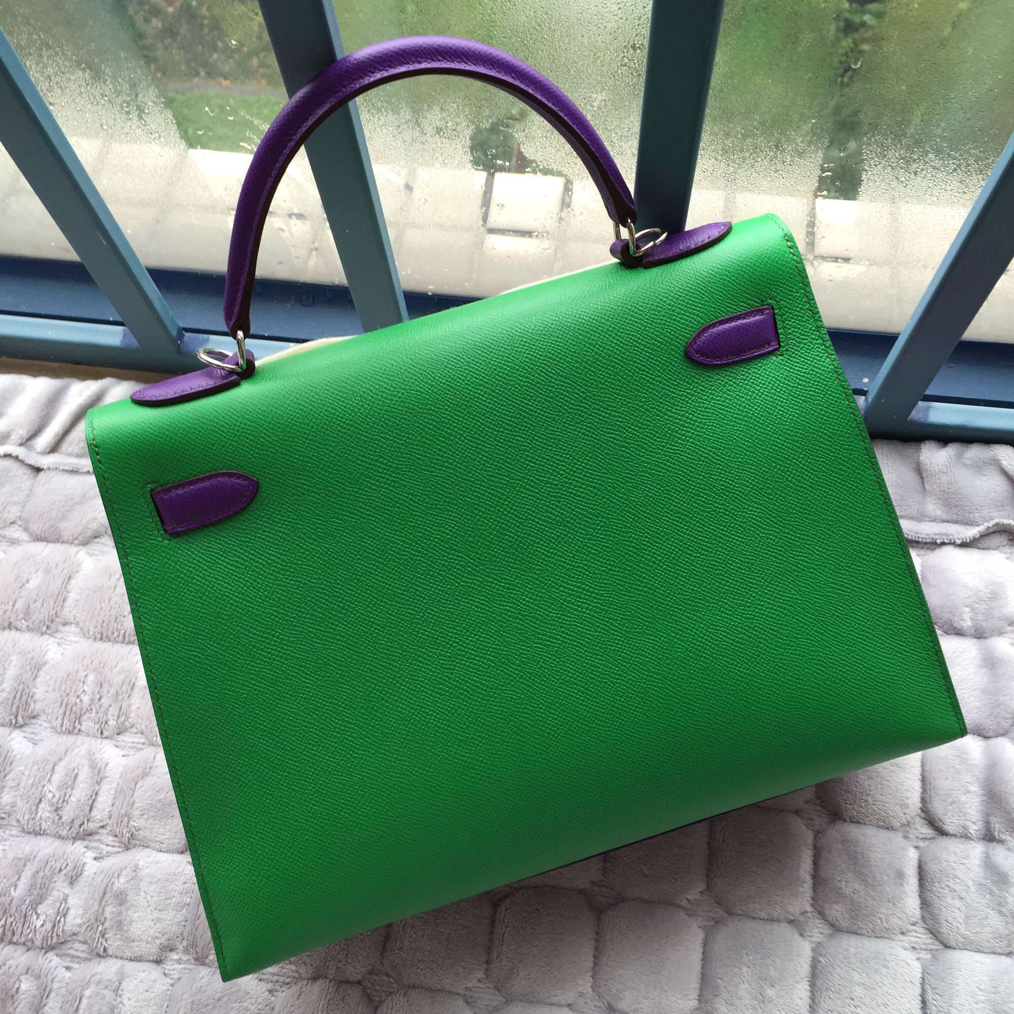 Hermes Kelly Bag Sellier 1K Bamboo Green/9W Ultraviolet Epsom Leather Women&#8217;s Tote Bag 32CM