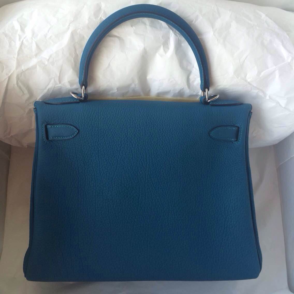 S7 Blue de Galice France Togo Leather Hermes Kelly Bag Retourne Silver Hardware