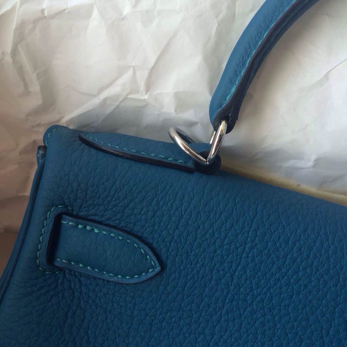 S7 Blue de Galice France Togo Leather Hermes Kelly Bag Retourne Silver Hardware